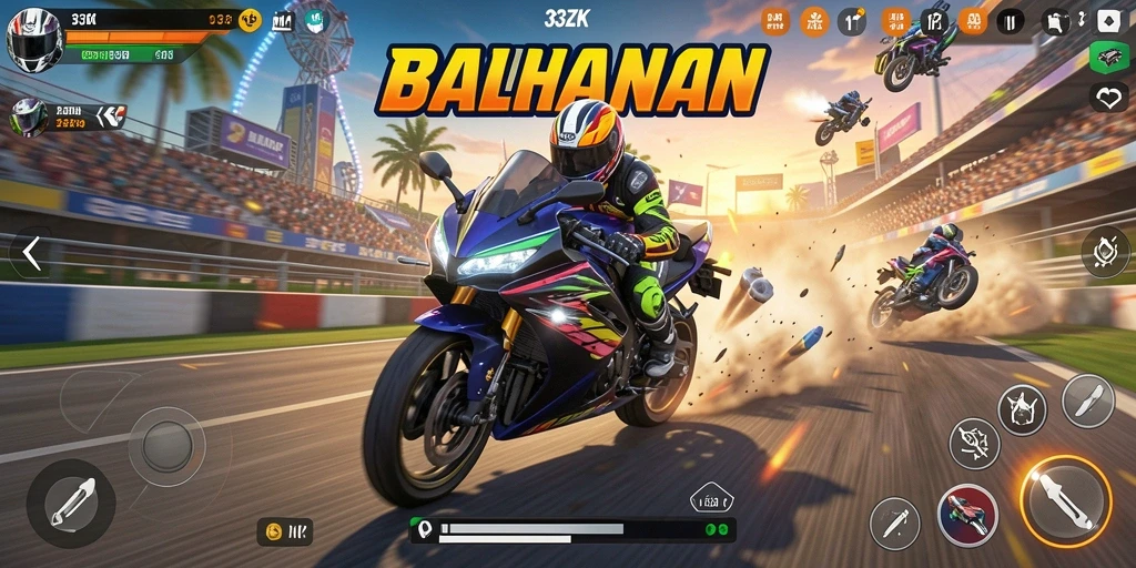 Screenshot 33ZK menampilkan aksi seru balapan motor di trek menantang.
