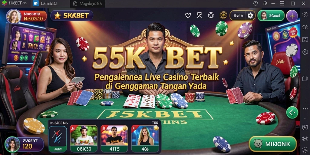 Screenshot utama 55KBET menampilkan dealer profesional dalam permainan Live Casino yang menarik.
