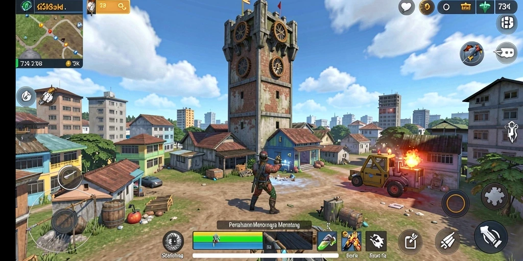 Screenshot 73K menampilkan aksi seru dalam pertahanan menara.