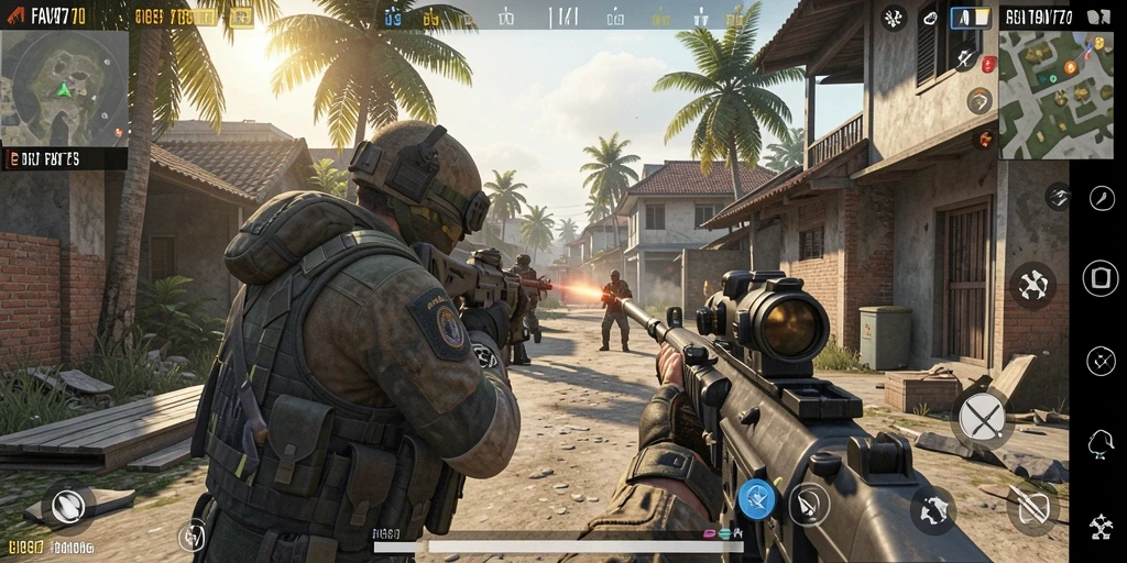 Tangkapan layar gameplay FAV77 menampilkan aksi menembak yang intens.