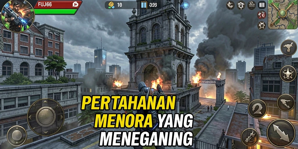 Screenshot gameplay FUJI66 menampilkan peperangan Tower Defense yang seru.