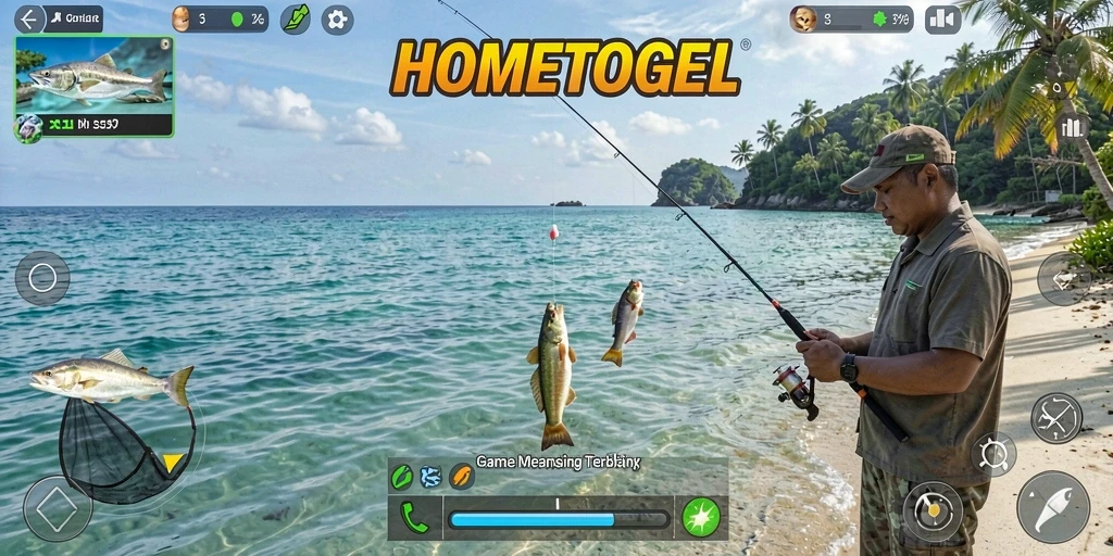 Gameplay HOMETOGEL yang menegangkan dengan aksi memancing seru.