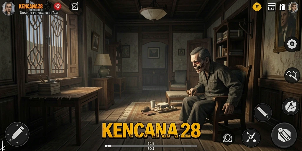 Screenshot gameplay KENCANA28 menampilkan suasana horror yang mencekam.