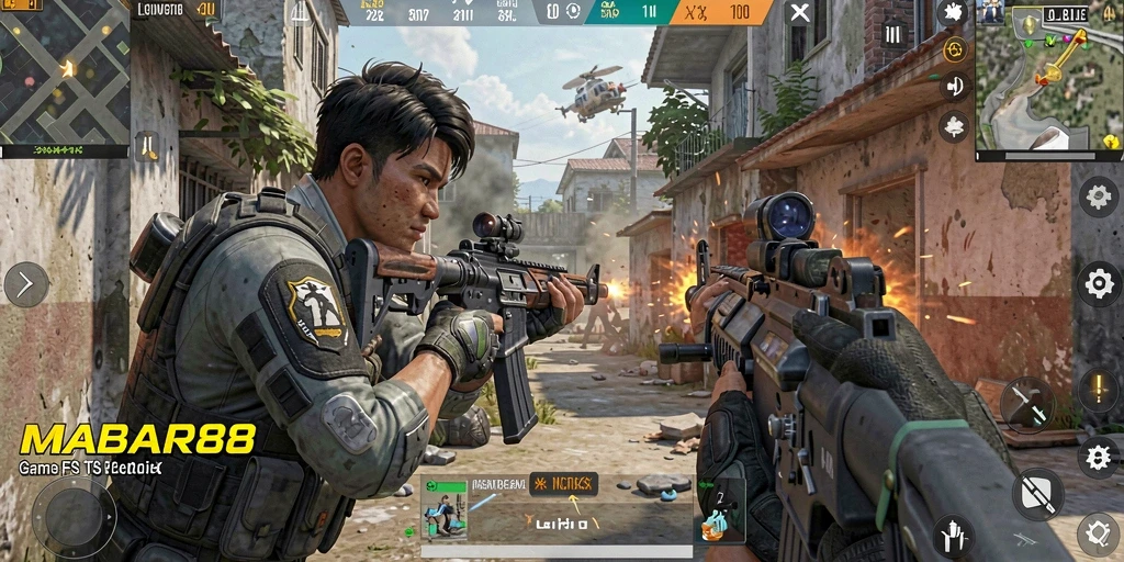 Screenshot gameplay MABAR88 yang menunjukkan aksi menembak intens.