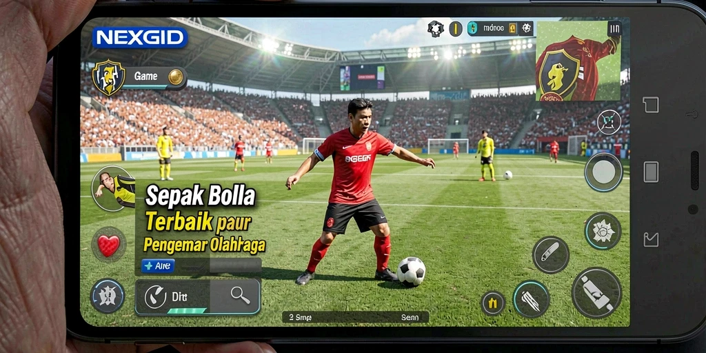 Tampilan screenshot <strong>NEXGID</strong> menunjukkan aksi pertandingan sepak bola yang mendebarkan.
