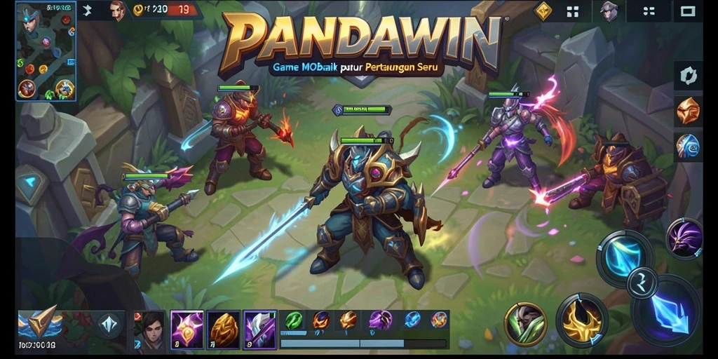 Screenshot utama PANDAWIN menampilkan pertempuran MOBA yang intens.