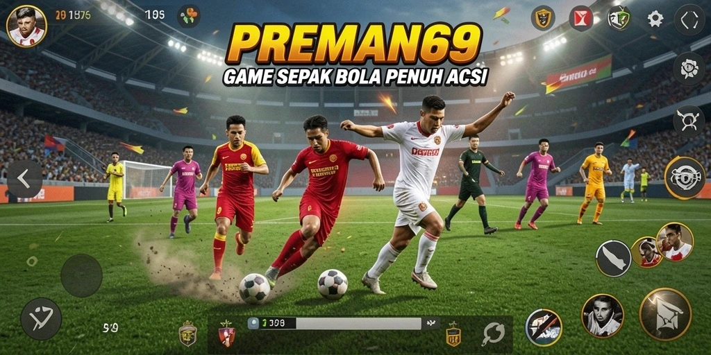 Screenshot dari gameplay <strong>PREMAN69</strong> menampilkan aksi pertandingan sepak bola.