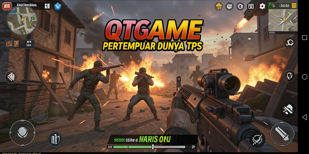 Tangkapan layar QTGAME dengan aksi pertempuran TPS yang mendebarkan.