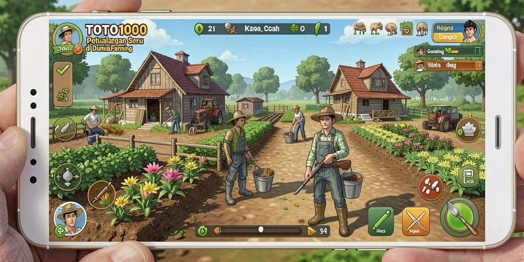 Tampilan gameplay TOTO1000 dengan ladang subur dan hewan ternak yang ceria.