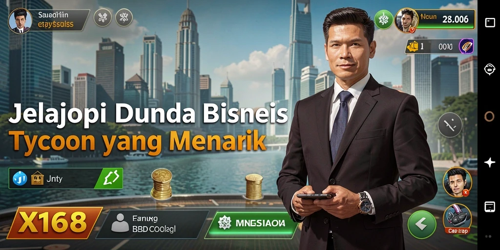 Screenshot X168 menunjukkan pemain membangun imperium bisnis di dunia Tycoon.